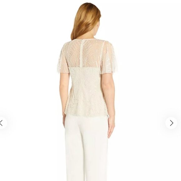 Adrianna Papell Ivory Pearl Beaded Flutter Sleeve Top Sz. 4 - Picture 4 of 13